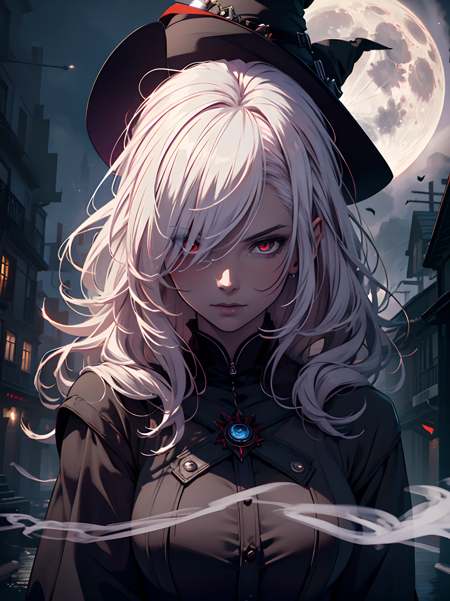 (best quality,ultra-detailed),red vibrant eyes,white hair,young mature,witch,colored smoke,night background,full moon,dark atmosphere,sharp focus,concept artist,portrait,dramatic lighting