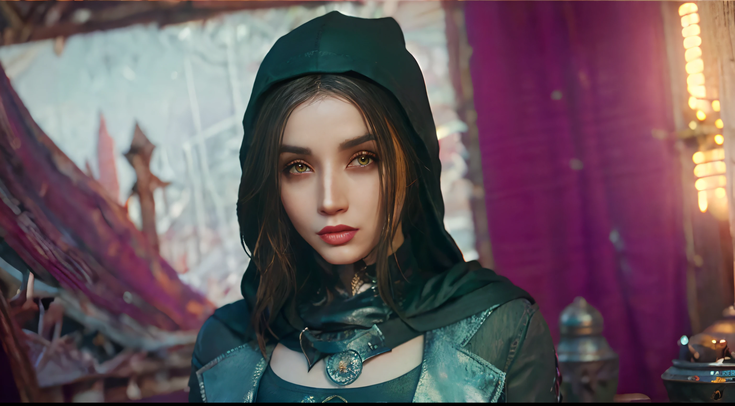 Port Reimagined, ana de armas, master part, best qualityer, there is 1 girl alone, Hood, Eyes red, vampire fangs, blackquality hair, Looking at Viewer, mitts, choker, hood up, long  hair, upperbody, gloves fingerless, gaping mouth, suit jacket, tooth, Realistic, leathery, jewelries, jacket with a hood, medium breasts, posing for a waist-up photo, Pose sexy, ultra realistic, high resolution, swirly vibrant colors, stunning digital illustration, Face pretty. ダークファンタジー, epic fantasy art portrait, dark fantasy style art, detailed matte fantasy portrait, no estilo da arte da ダークファンタジー, beautiful fantasy art portrait, dark fantasy portrait, Epic Fantasy Digital Art Style, fantasy art portrait, gorgeous digital painting, digital fantasy portrait, arafed woman in a black and red costume holding a candle, artgerm julie bell beeple, Alena Aenami e Artgerm, alexandra fomina artstation, alluring mesmer woman, aly fell and artgerm, wlop and artgerm, 极其详细的Artgerm, Skyrim Art Style