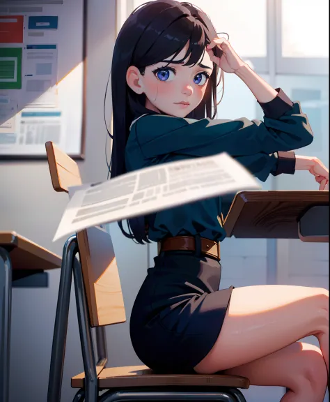 (best quality,highres),thick,shy girl sitting in a classroom, in school uniform, beautiful detailed eyes and face, long eyelashes, pensive expression, diligently doing school work. Crisp focus on the girl, capturing her intricate features and the fine deta...