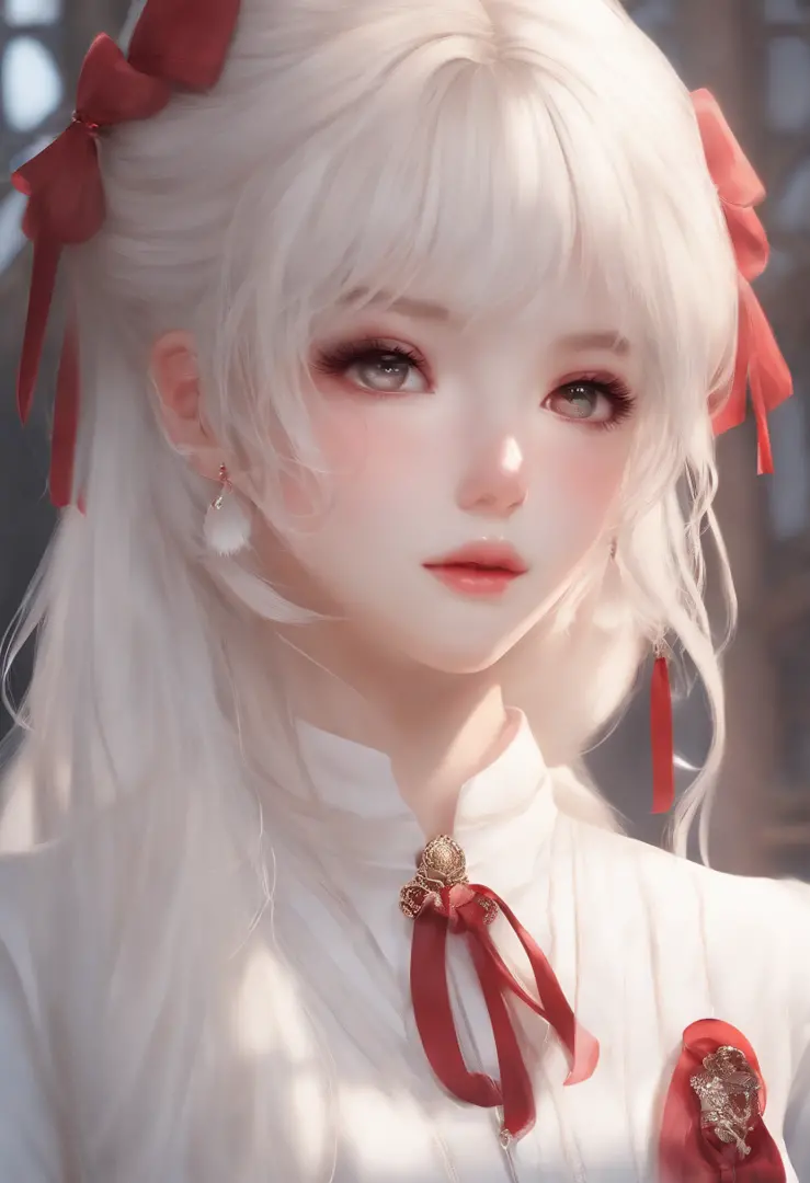 Menina anime com cabelo branco e orelhas de coelho, olhos vermelhos, shy blush, Uniforme escolar