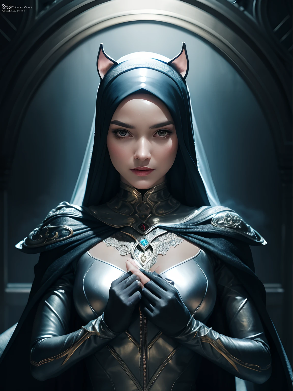 Full body portrait, beautiful fantasy Catwoman in hijab, shiny metallic jeweled depth, glowing smoke neon eyes, hoarfrost metal lace, fantasy, sunlight, sunbeam, intricate detail. 8k, dreamlike, surrealism, super cute, symmetrical, soft lighting, trending on artstation, intricate details, highly detailed, unreal engine, by ross tran, wlop, artgerm and james jean, Brian Froud, art illustration by Miho Hirano, Neimy Kanani, oil on canvas by Aykut Aydoğdu, oil painting, heavy strokes, paint dripping
