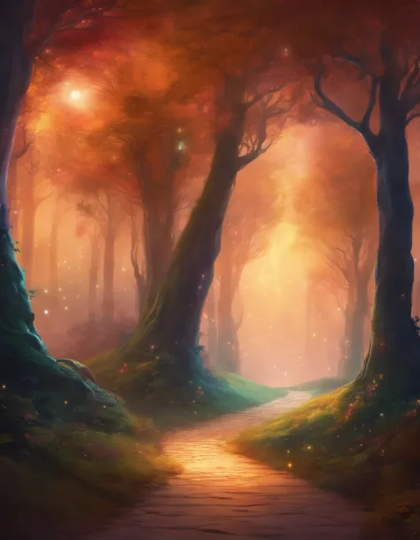 An enchanting road winding through a mystical forest, under a starry sky.
