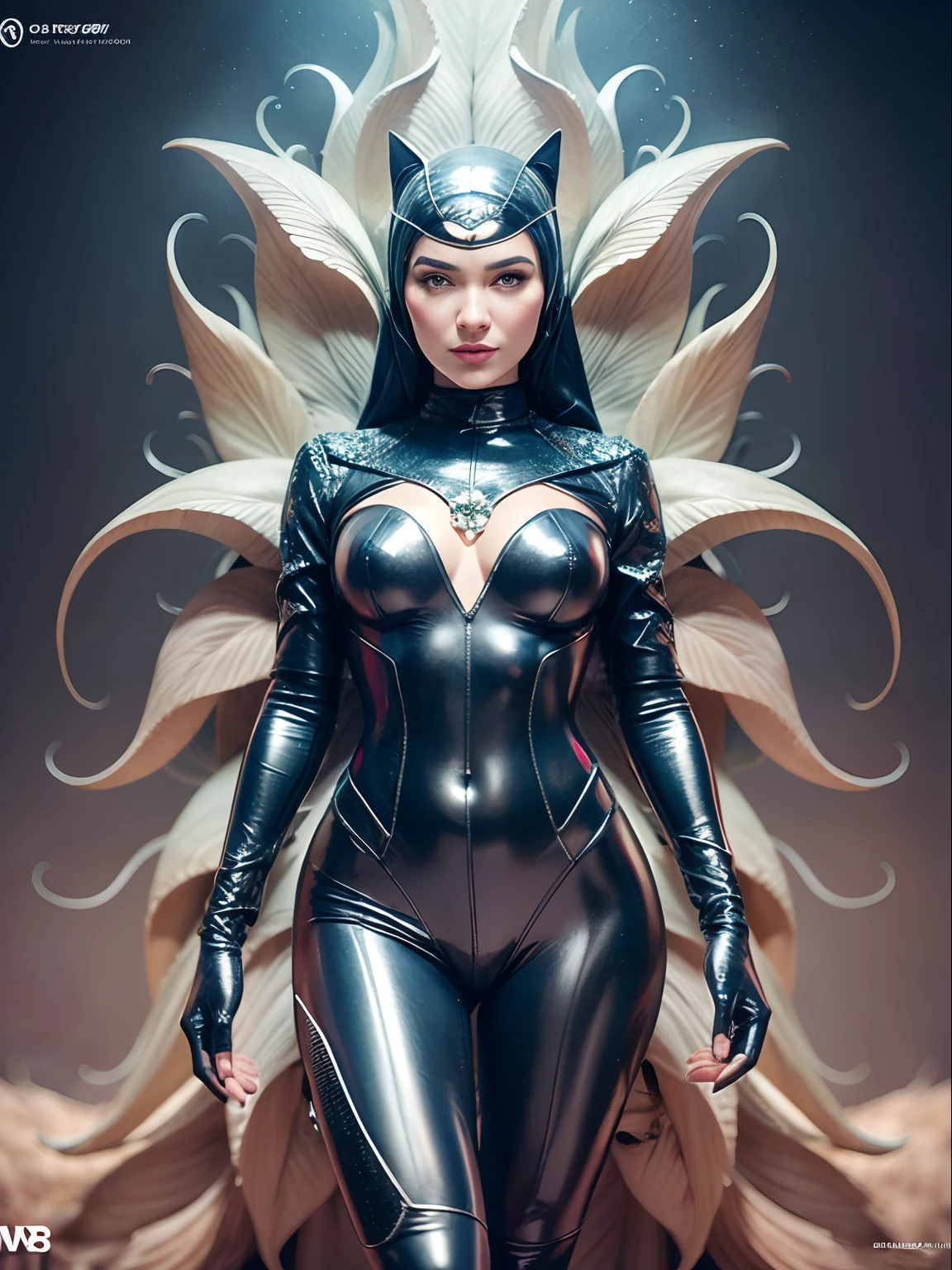 Full body portrait, beautiful fantasy Catwoman in hijab, shiny metallic jeweled depth, glowing smoke neon eyes, hoarfrost metal lace, fantasy, sunlight, sunbeam, intricate detail. 8k, dreamlike, surrealism, super cute, symmetrical, soft lighting, trending on artstation, intricate details, highly detailed, unreal engine, by ross tran, wlop, artgerm and james jean, Brian Froud, art illustration by Miho Hirano, Neimy Kanani, oil on canvas by Aykut Aydoğdu, oil painting, heavy strokes, paint dripping