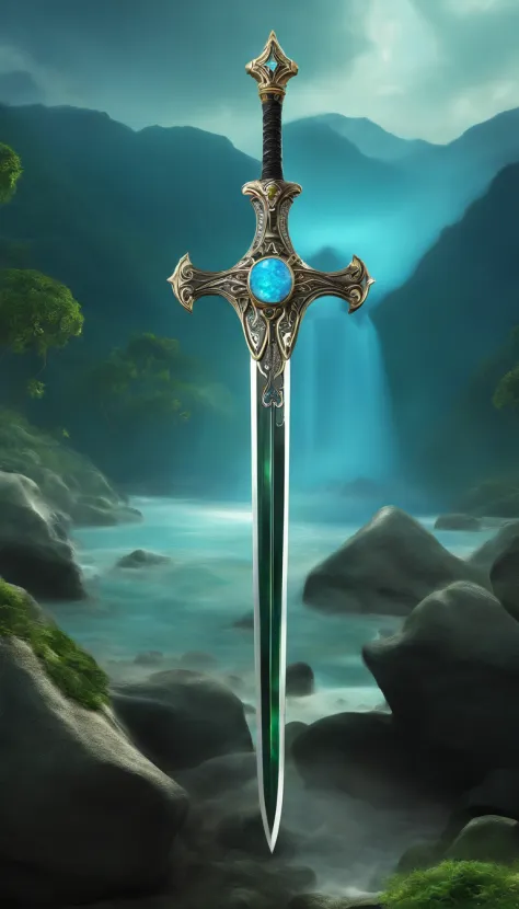 jesus, Manga delicada, The body of the sword is exquisite，bem decorado,（((The body of the sword is designed with a blue opal and a pattern in the form of light green particle effect..：1.3))), se, (The body of the sword is symmetrically decorated:1.3), (The...