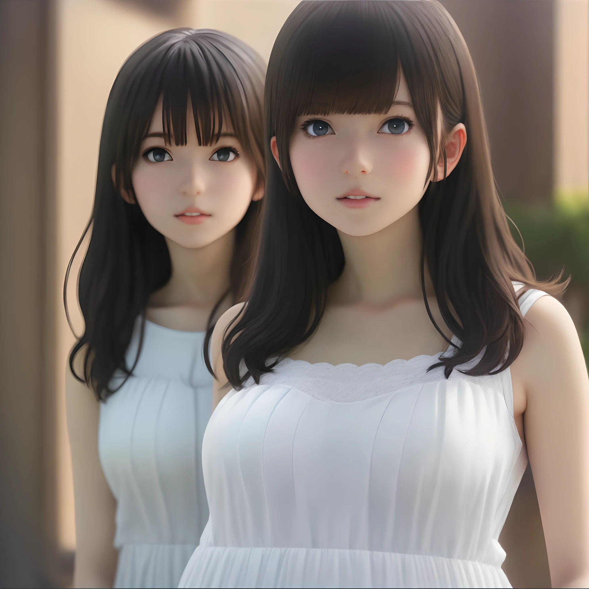 Two young women in white dresses standing next to each other - SeaArt AI