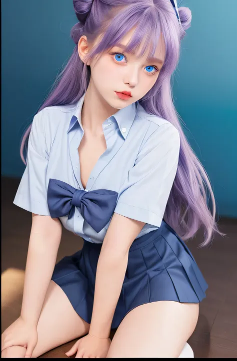 1girl, purple hair 2 buns, blue eyes, light blue shirt, dark blue bow, short dark blue uniform skirt, beautiful