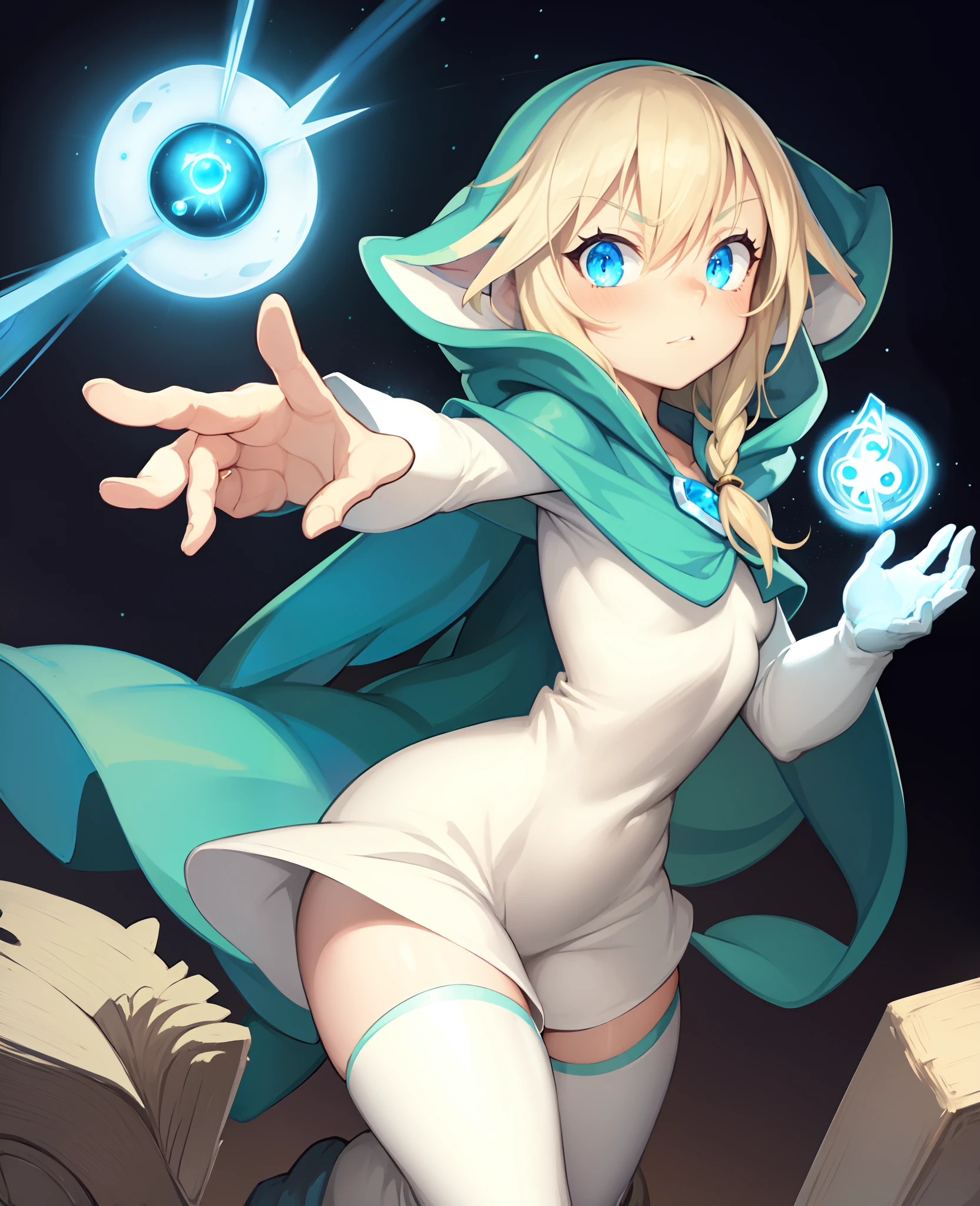 Huppermage, Wakfu, masterpiece, best quality, 1girl, bakarajurgen, cloak, hood, casting spell, mana, spell rune, cave backgound