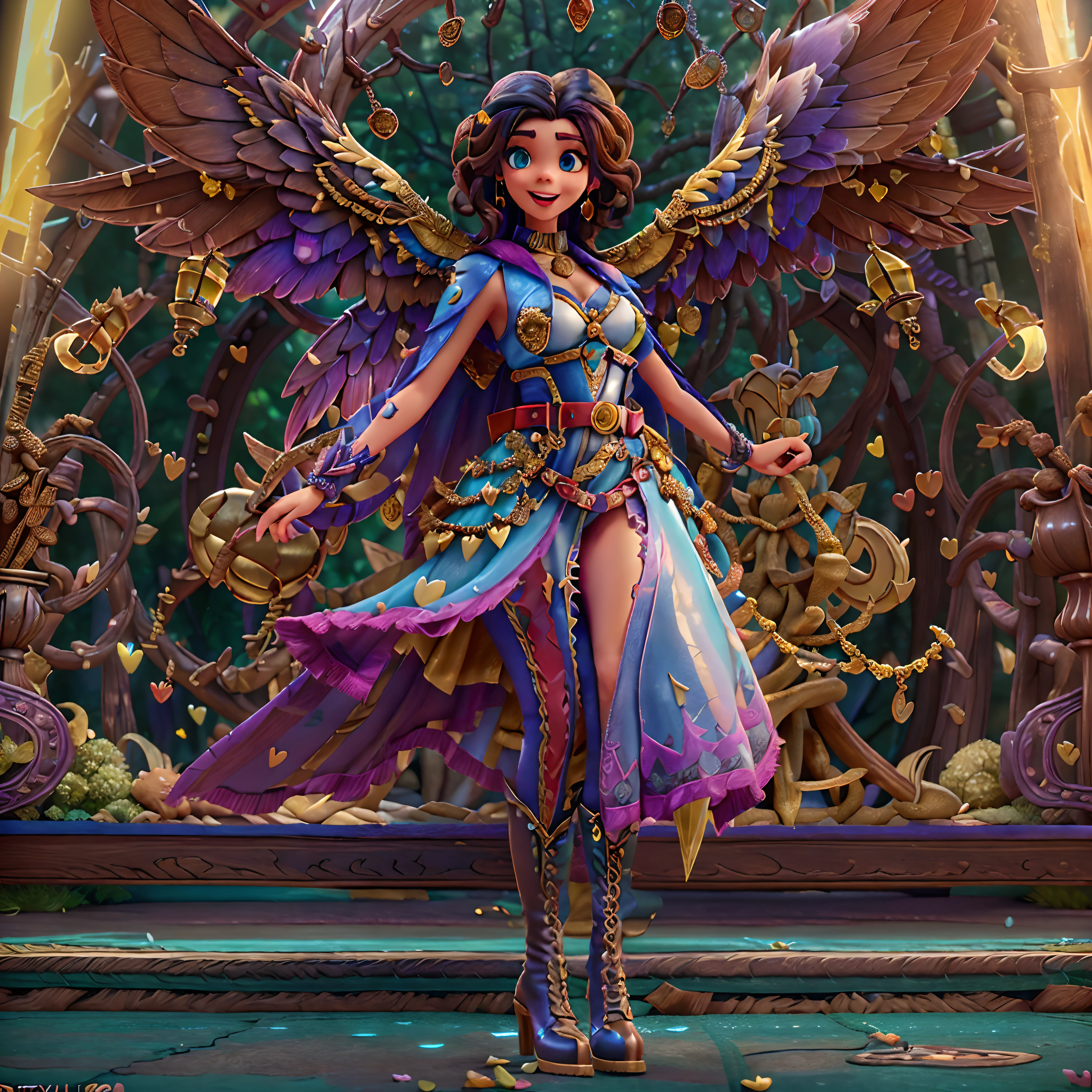 A Woman In A Purple Dress And Purple Wings Stands In Front Of A Gate