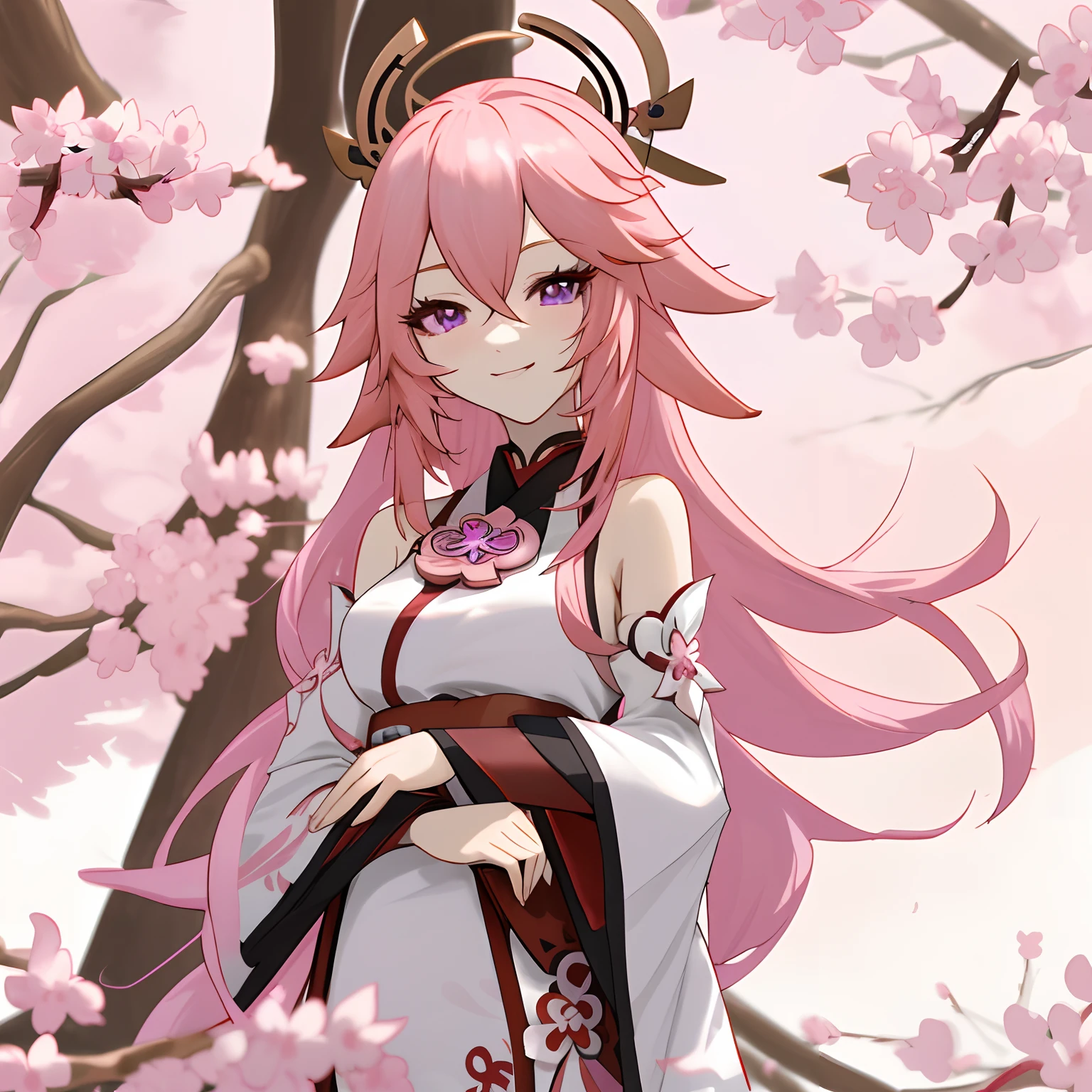 Anime girl with pink hair and a white dress standing in front of a tree -  SeaArt AI