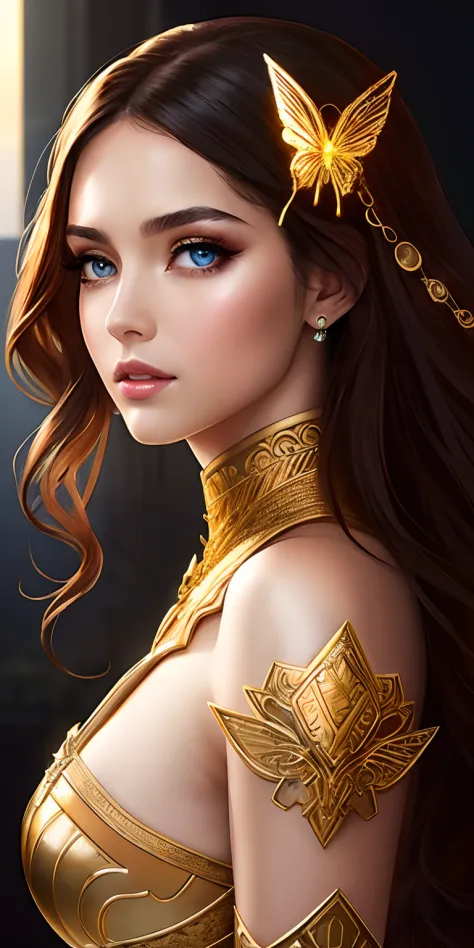 Beautiful cyborg portrait with 8k brown hair，iintricate，ellegance，Highly meticulous，A majestic，digital photography，Art by Artgerm and Ruan Jia and Greg Rutkowski surrealist paintings of golden butterfly filigree，brokenglass，（tmasterpiece，Sideslit，exquisite...