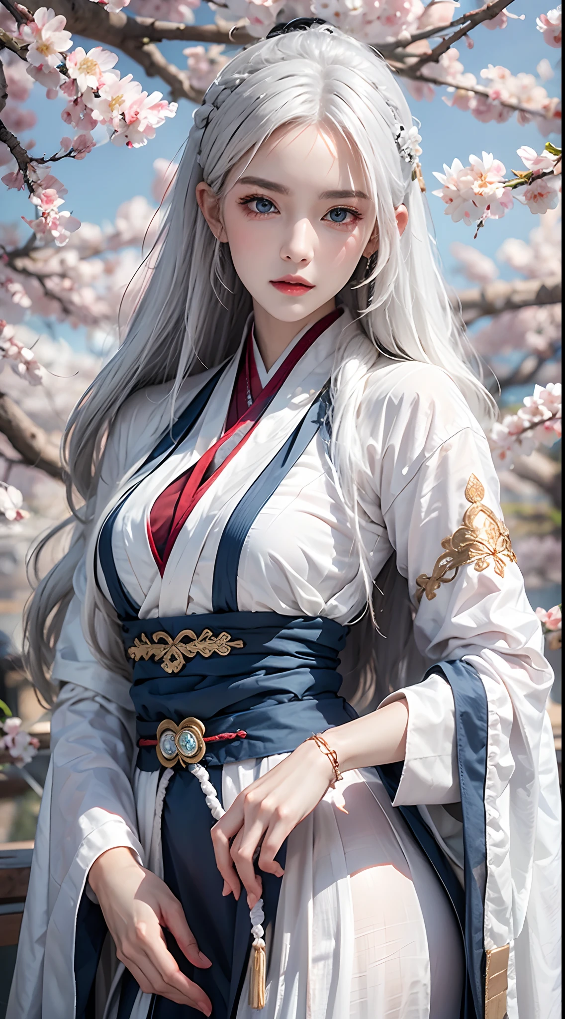 high resolution, 1women, solo, shining skin, jewelry, waist up, white hair, blue eyes, hanfu, taoist robe, cherry blossom