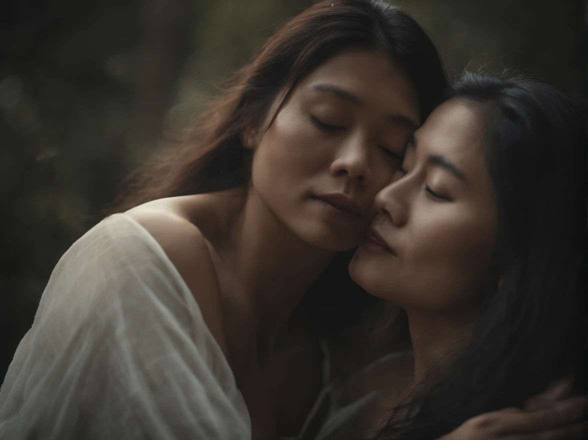 Two women are hugging each other in a dark forest - SeaArt AI