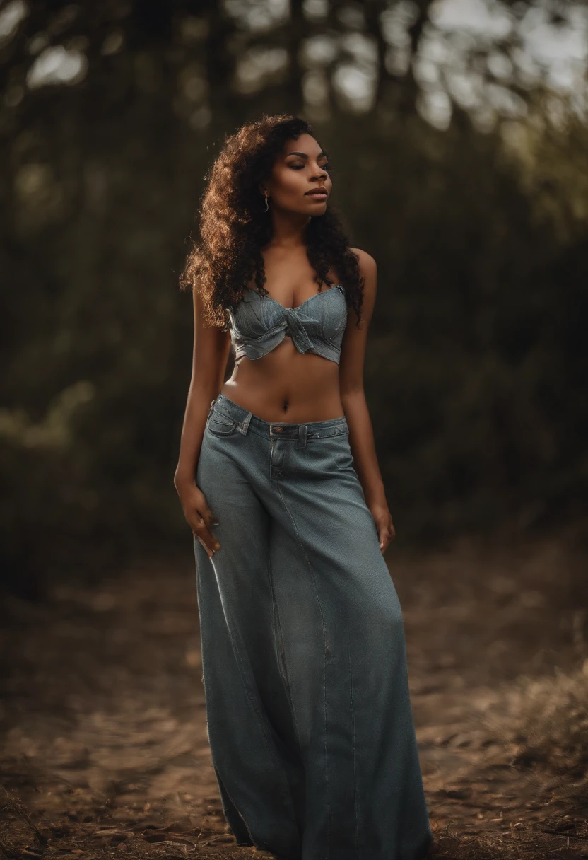 Una mujer con un top azul y jeans de pie en el bosque - SeaArt AI