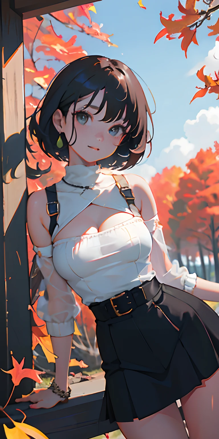 realisticlying、girl with、Outdoor Fashion、Autumn leaves Autumn leaves、Beautiful ginkgo tree、Slightly larger breasts with an emphasis on cleavage、Sexy Posing、Nature views