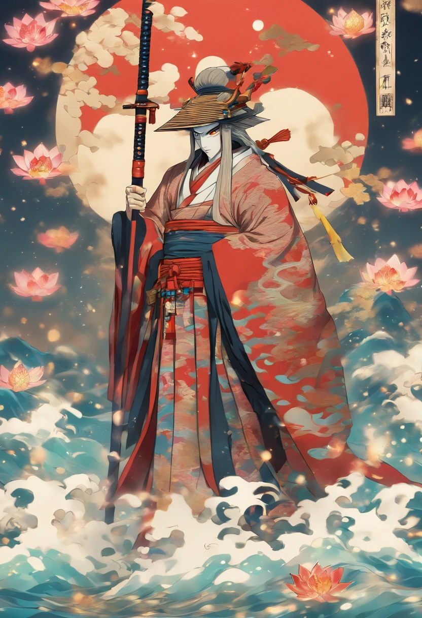 (((Izanagi))), spear, Japanese man, Lunar Entourage, feudal Japan, water, spear underwater, Shui Mo Hua, lotus, Chinese painting style, Thangka style, master piece, lunar light, depth of field, best quality