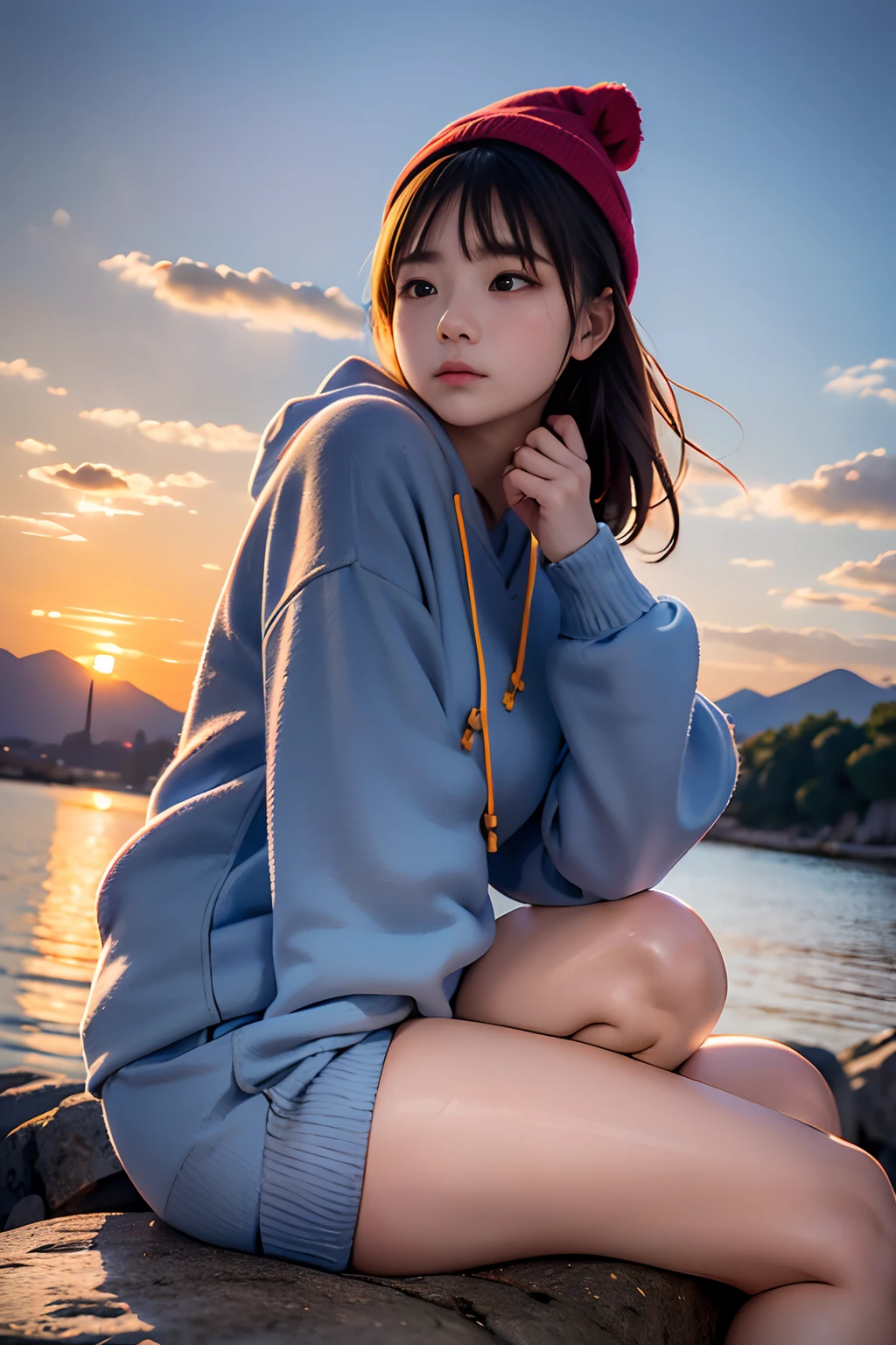 top-quality、masuter piece、Ultra-detail、8ｋ、solo、parfect anatomy、sixteen years old、(((Girl sitting on a huge rock looking at the sky、up looking_Away:1.2、Looking at the sky)))、From Side、knit hat、Greyprint Hoodie、Straight Old Denim、bare-legged、、Dusk atmosphere、evening、Sunset、blurry backround:1.5、plein air、Mountains of the Andes々々、Orange sky、Scaly clouds
