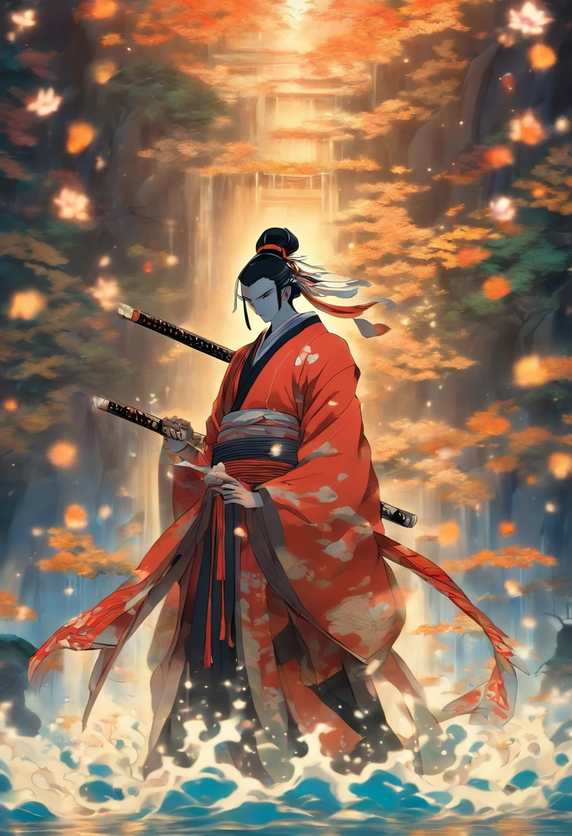 (((Izanagi))),Man,Black hair, spear, Japanese man, Lunar Entourage, Feudal Japan, water, spear underwater, Shui Mo Hua, lotus, Chinese painting style, Thangka style, master piece, lunar light, depth of field, best quality