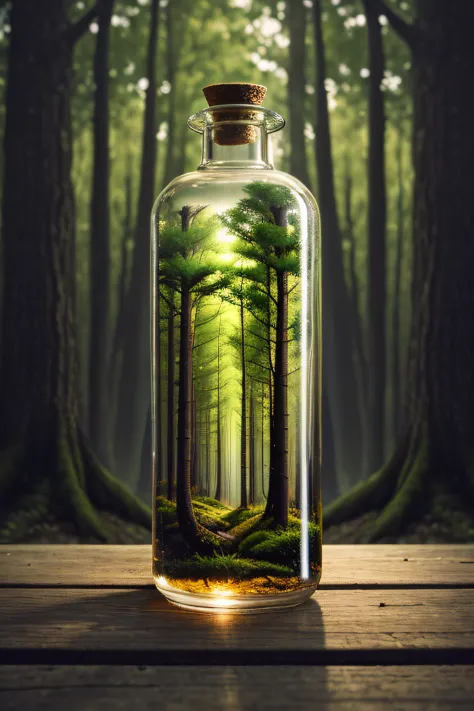 (An intricate forest minitown landscape trapped in a bottle), atmospheric oliva lighting, on the table, 4k UHD, dark vibes, hyper detailed, vibrant colours forest background, epic composition, octane render, sharp focus, high resolution isometric