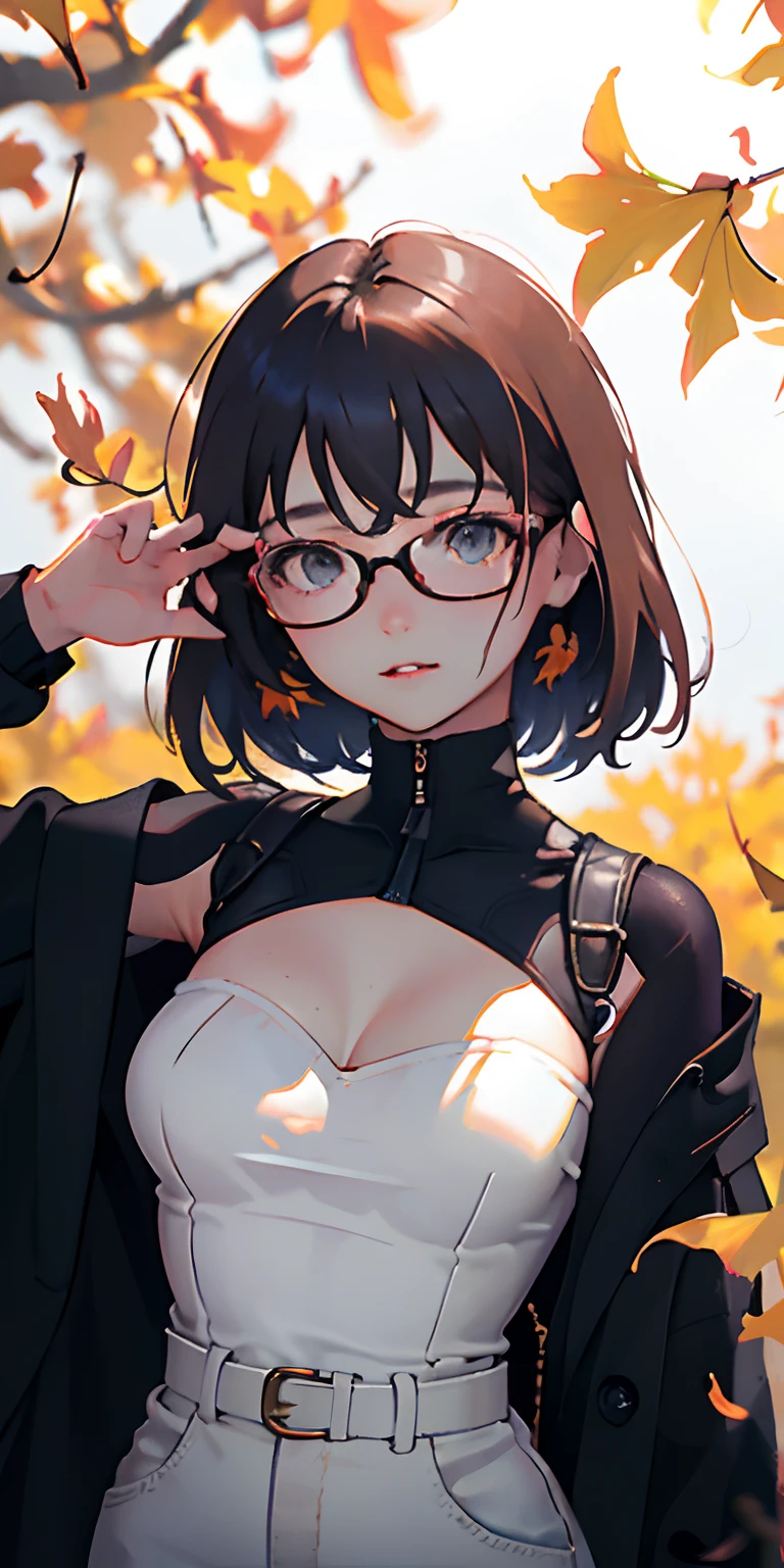 realisticlying、girl with、Outdoor Fashion、Autumn leaves Autumn leaves、Beautiful ginkgo tree、Wearing glasses, breasts slightly larger、Emphasizes cleavage、Sexy Posing、Nature views