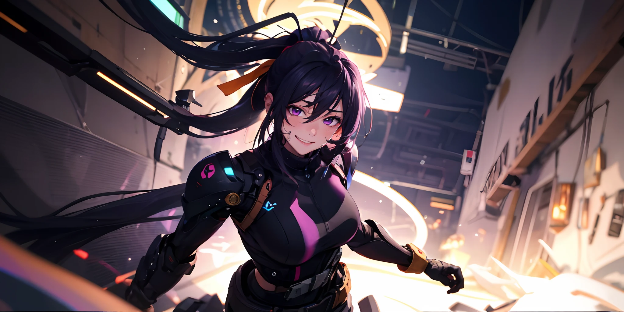 himejima akeno, (black hair, long hair, ponytail, ribbon:1.7), purple eyes,bodysuit, belt, 1girl, gloves, breasts, solo, looking_at_viewer, black_gloves, mecha, cyberpunk art, epic art, glow effects, godrays, Hand drawn, render, 8k, octane render, cinema 4d, blender, dark, atmospheric 4k ultra detailed, cinematic, Sharp focus, big depth of field, Masterpiece, colors, 3d octane render, 4k, concept art, trending on artstation, hyperrealistic, Vivid colors, extremely detailed CG unity 8k wallpaper, trending on CGSociety, Intricate, High Detail, dramatic, pubic hair, excessive pubic hair,