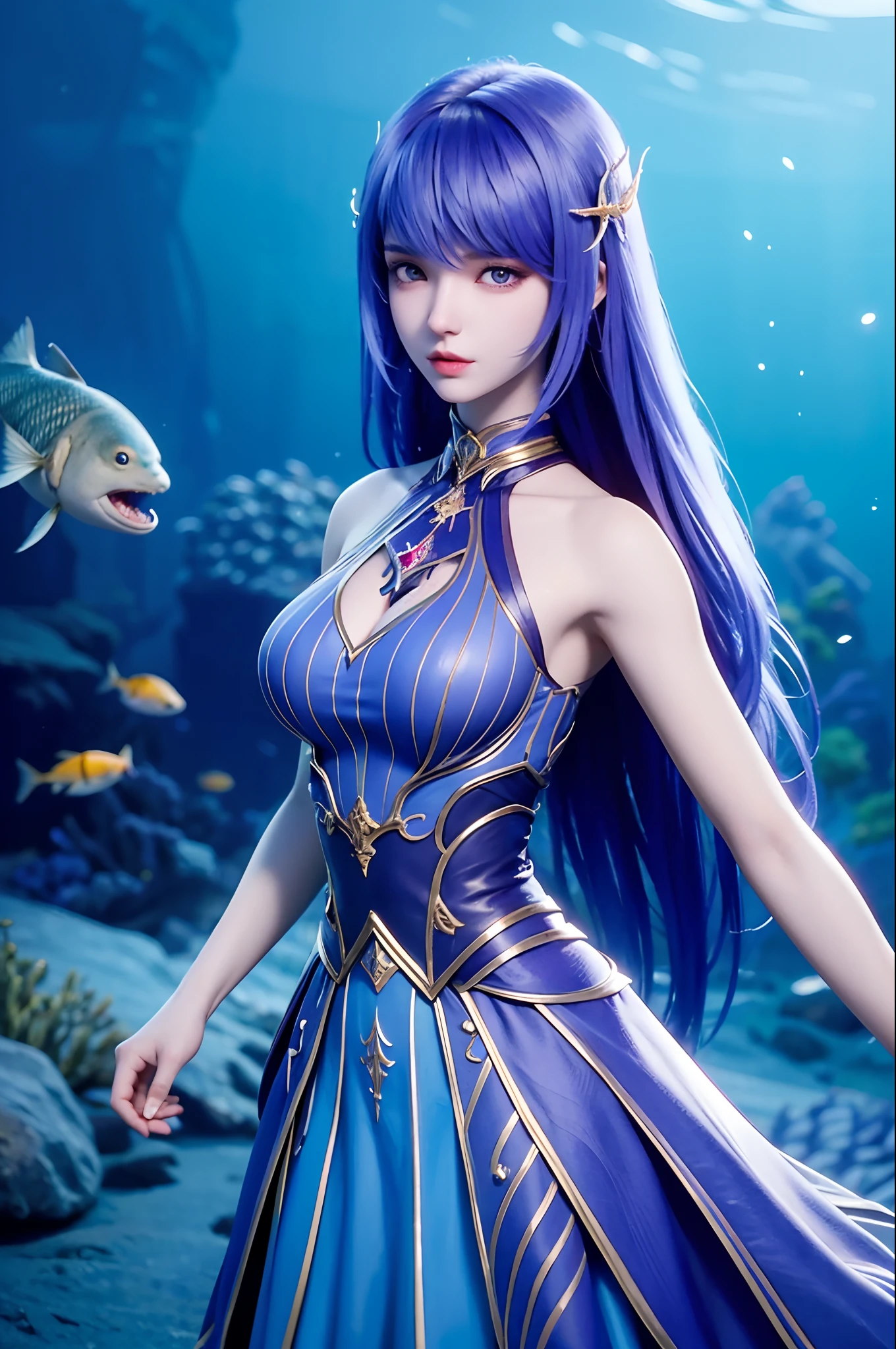 Menina coreana de 25 anos，1个Giant Breast Girl，menina no topo， Mergulho， s o rosto perfeito， Olhos eBlue， renda，  mergulhar，deep underwater，Shuixia，quebrar，tons de azul，(((cercado de peixes))) full body, purple hair,