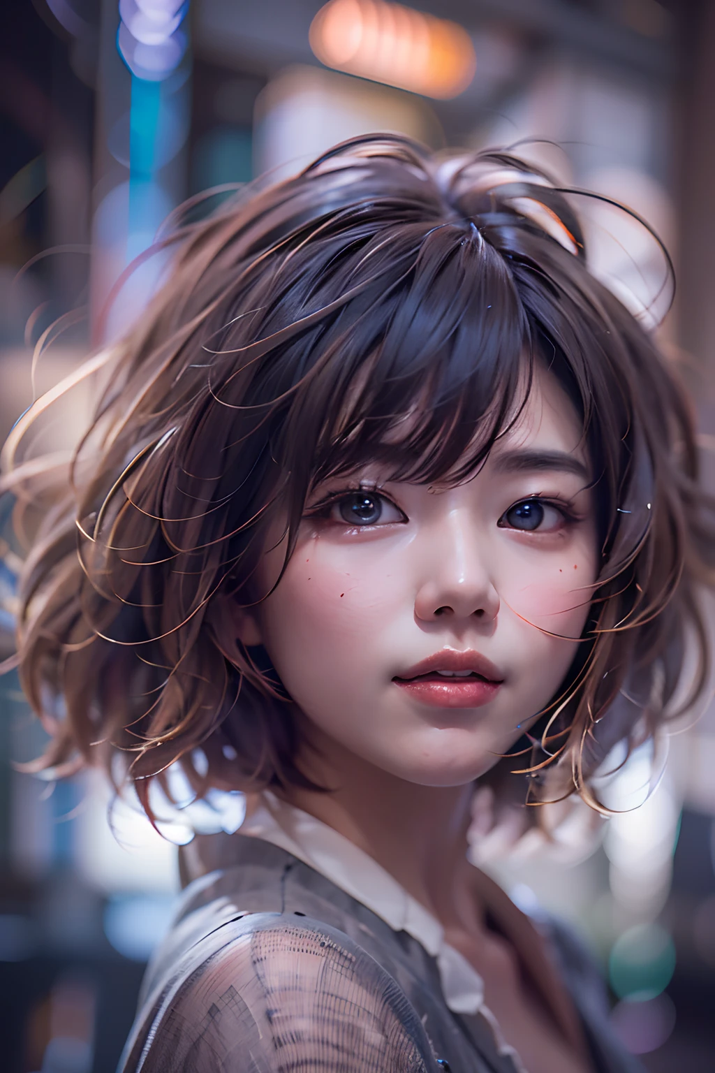 Цифровой портрет японской короткошерстной женщины, Красивое лицо,волосы грязные,запутанный, Кинематографический, Унреальный движок 5, великолепный, Невероятная цветокоррекция, , фотография, кинематографическая фотография, искусство、улыбка