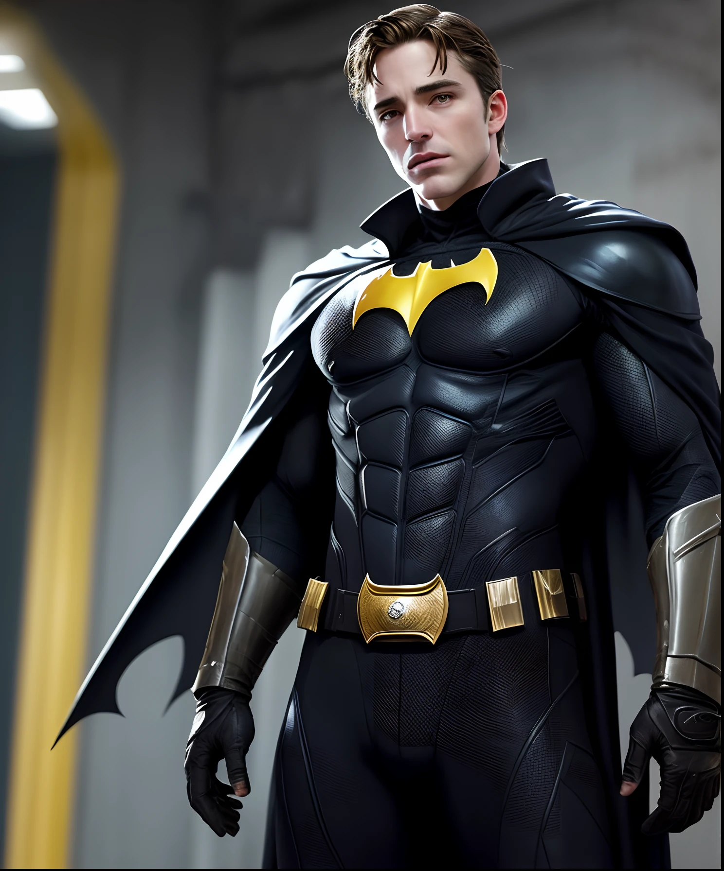 Batman cosplaying in a black suit with a gold belt - SeaArt AI