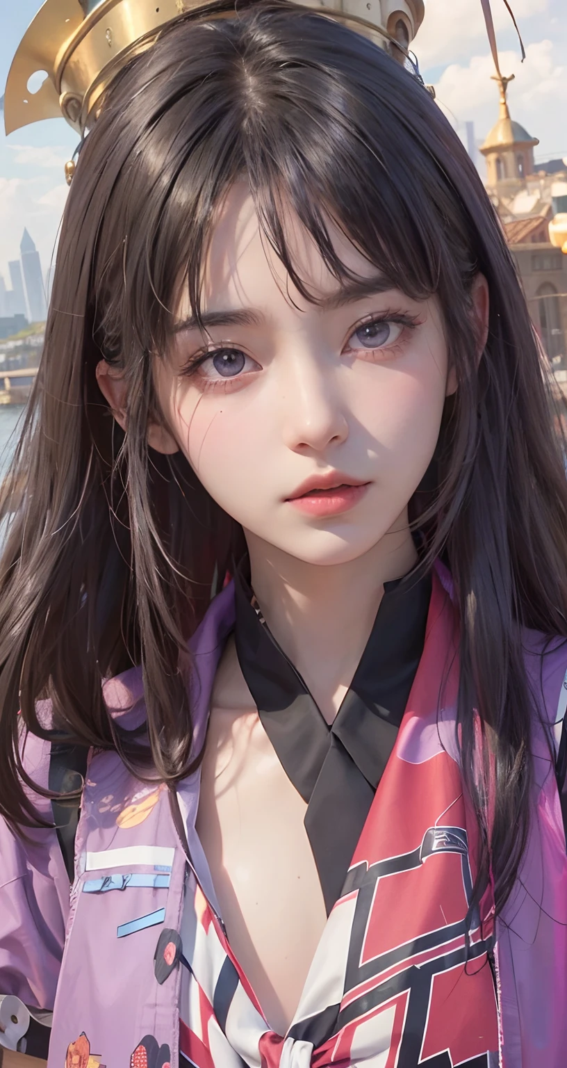 (masterpiece,newest,exceptional:1.2), anime,1girl,bangs,black_hair,with purple eyes, glowing purple eyes, beautiful 8k eyes,blue_sky,bridge,building,castle,city,cityscape,cloud,day,dress,looking_at_viewer,outdoors,red_neckwear,red_ribbon,ribbon,river,short_hair,short_sleeves,sky,skyscraper,solo,standing,town,water