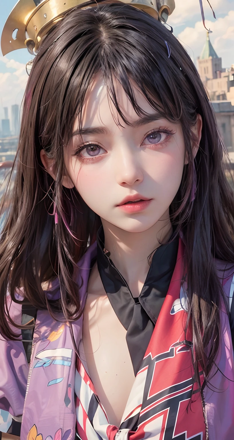 (masterpiece,newest,exceptional:1.2), anime,1girl,bangs,black_hair,with magenta eyes, glowing magenta eyes, beautiful 8k eyes,blue_sky,bridge,building,castle,city,cityscape,cloud,day,dress,looking_at_viewer,outdoors,red_neckwear,red_ribbon,ribbon,river,short_hair,short_sleeves,sky,skyscraper,solo,standing,town,water