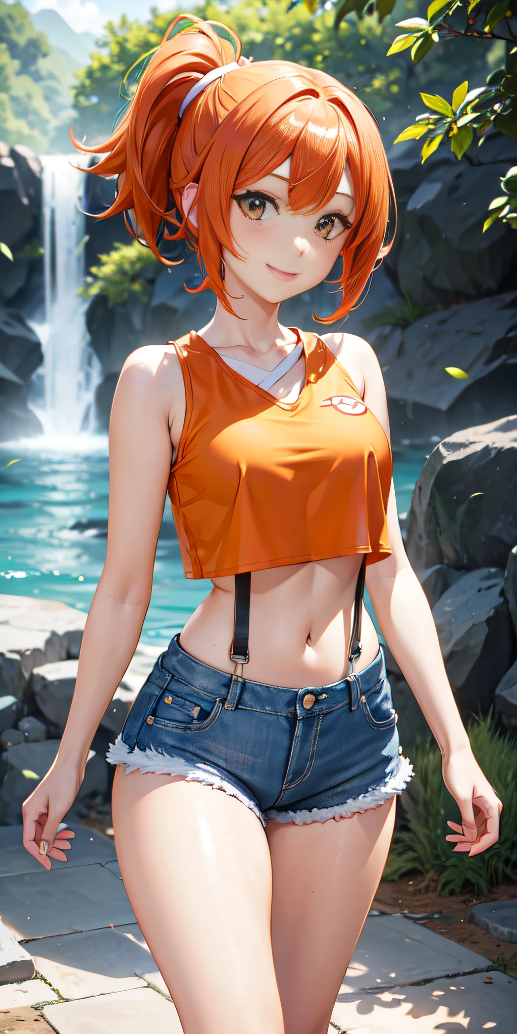 professional anime, anime :Pokemon, anime style: OLM.inc, masterpiece, best quality, high resolution, 1 woman only, misty (pokemon), orange hair, solo, shorts, suspenders, side ponytail, orange hair, stomach, yellow crop top, navel, short hair, denim, jean shorts, smile, cowboy shot, standing, pace_sign, outdoors, 80% Nude