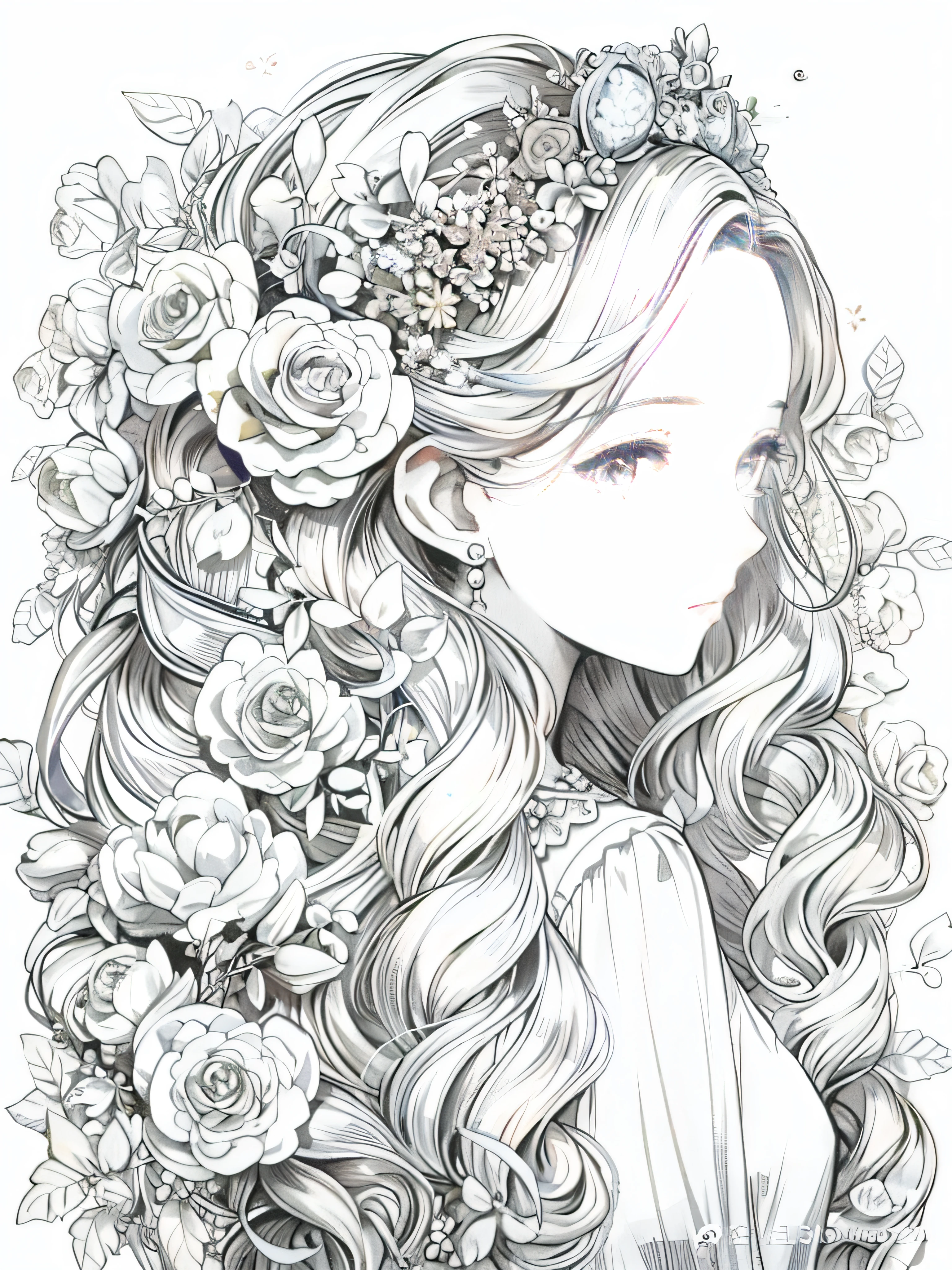 chica，flores cor-de-rosa que， Una corona de diamantes resplandecientes，  pelo negro，Llevando un vestido de encaje blanco.
