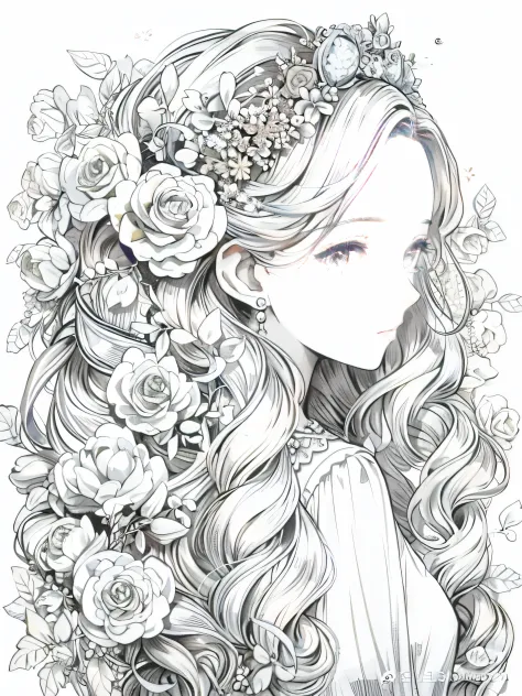 Garota，flores cor-de-rosa que， Uma coroa de diamantes cintilante，  cabelos pretos，Usando vestido de renda branco