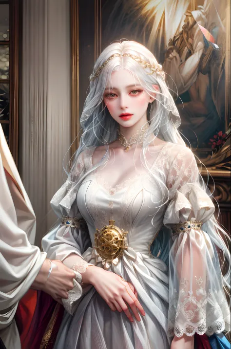 (absurdres, highres, ultra detailed), 1girl, solo, mature, (very long hair, white hair), Baroque, long dress, long sleeve, elega...