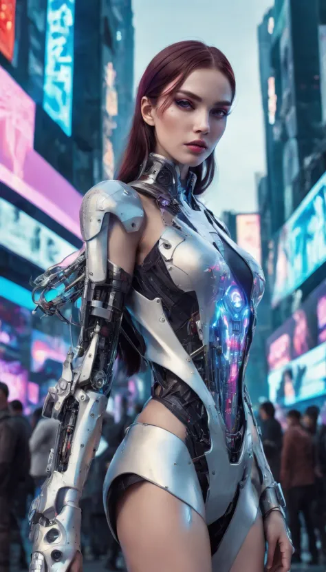 In a futuristic metropolis, Cyborg Woman, Her clothes were torn to shreds, Standing against the backdrop of towering holographic billboards, In a sea of bustling crowds, It shows the fusion of man and machine in the cyberpunk world., digital art, High-reso...