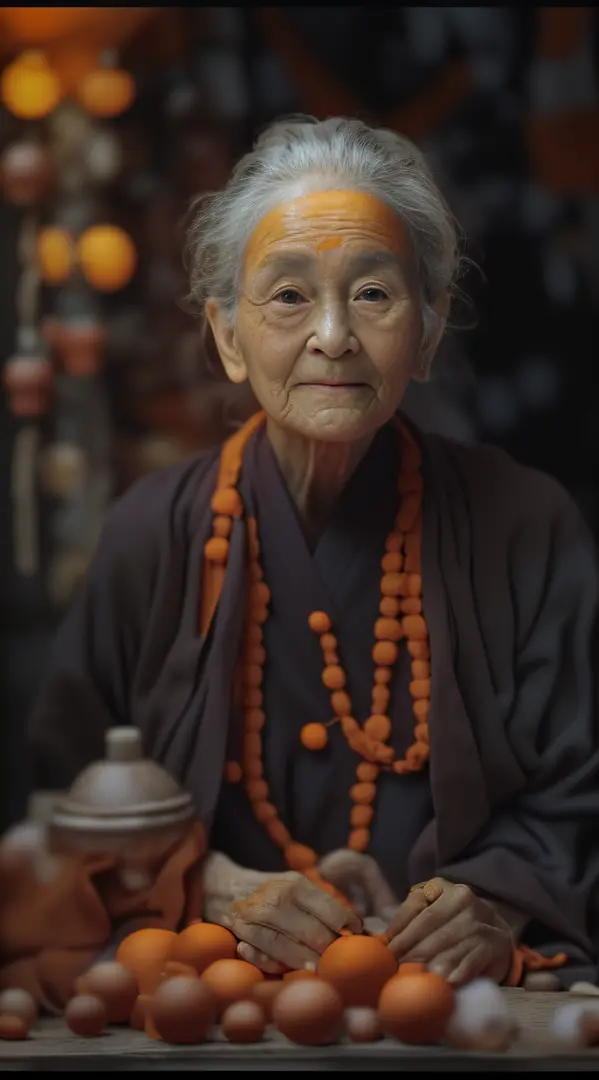 An old woman，Dressed in an orange robe of a monk，Face to the camera，With a kind face