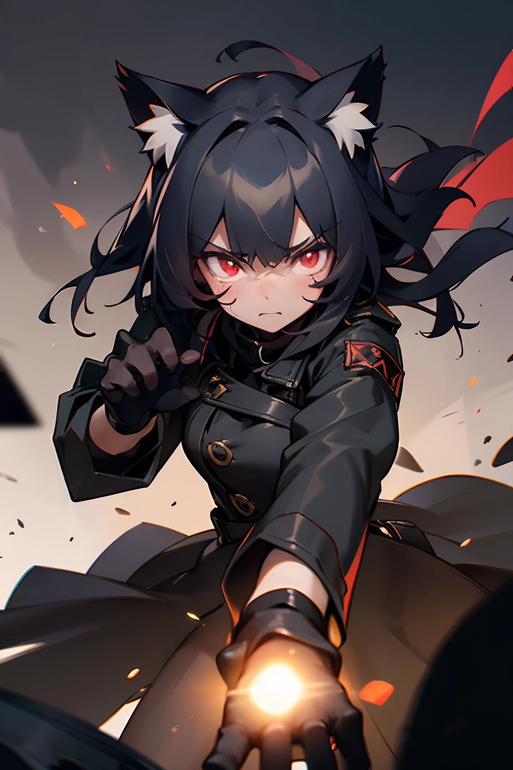 1 girl, 8k, artstation, masterpiece, depth of field, face portrait, cat ears, very shadowy, glowing red eyes, darkness, nighttime, very dark, emerging from darkness, angry expression, 1 arm reaching forwards, action shot, cinematic, gloves, trench coat, distant explosions