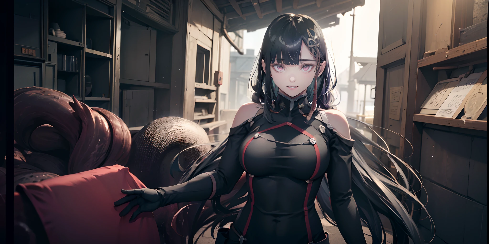 (black hair, long hair:1.7), purple eyes, hair ornament, epic art, fog, steaming body, blush skin, tentacles, breasts, open_mouth, large_breasts, bodysuit,indoors, gloves, earrings, 1girl, saliva, teeth, armor, shoulder_armor, standing, straddling, glow effects, godrays, Hand drawn, render, 8k, octane render, cinema 4d, blender, dark, atmospheric 4k ultra detailed, cinematic, Sharp focus, big depth of field, Masterpiece, colors, 3d octane render, 4k, concept art, trending on artstation, hyperrealistic, Vivid colors, extremely detailed CG unity 8k wallpaper, trending on CGSociety, Intricate, High Detail, dramatic,