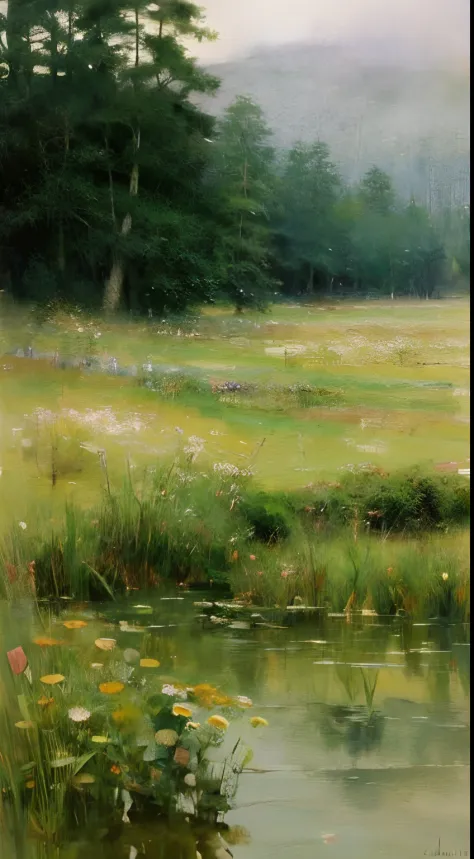 (Watercolor in Sargent style)、(top-quality、​masterpiece)、Soft light、Windermere landscape painted on a foggy morning、、Create an e...