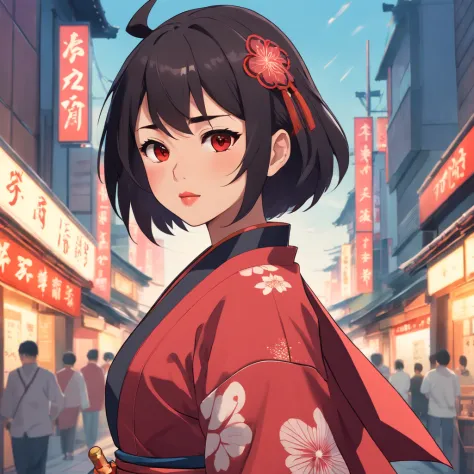 Female samurai warrior, jet black hair, dark skinned tanned, red black, cute face, freckles on the face, red lipstick, full body, no extra hair, cover top, black eyeballs, geisha warrior, brown tan skinned, sexy hair style, extravagant outfit, realistic