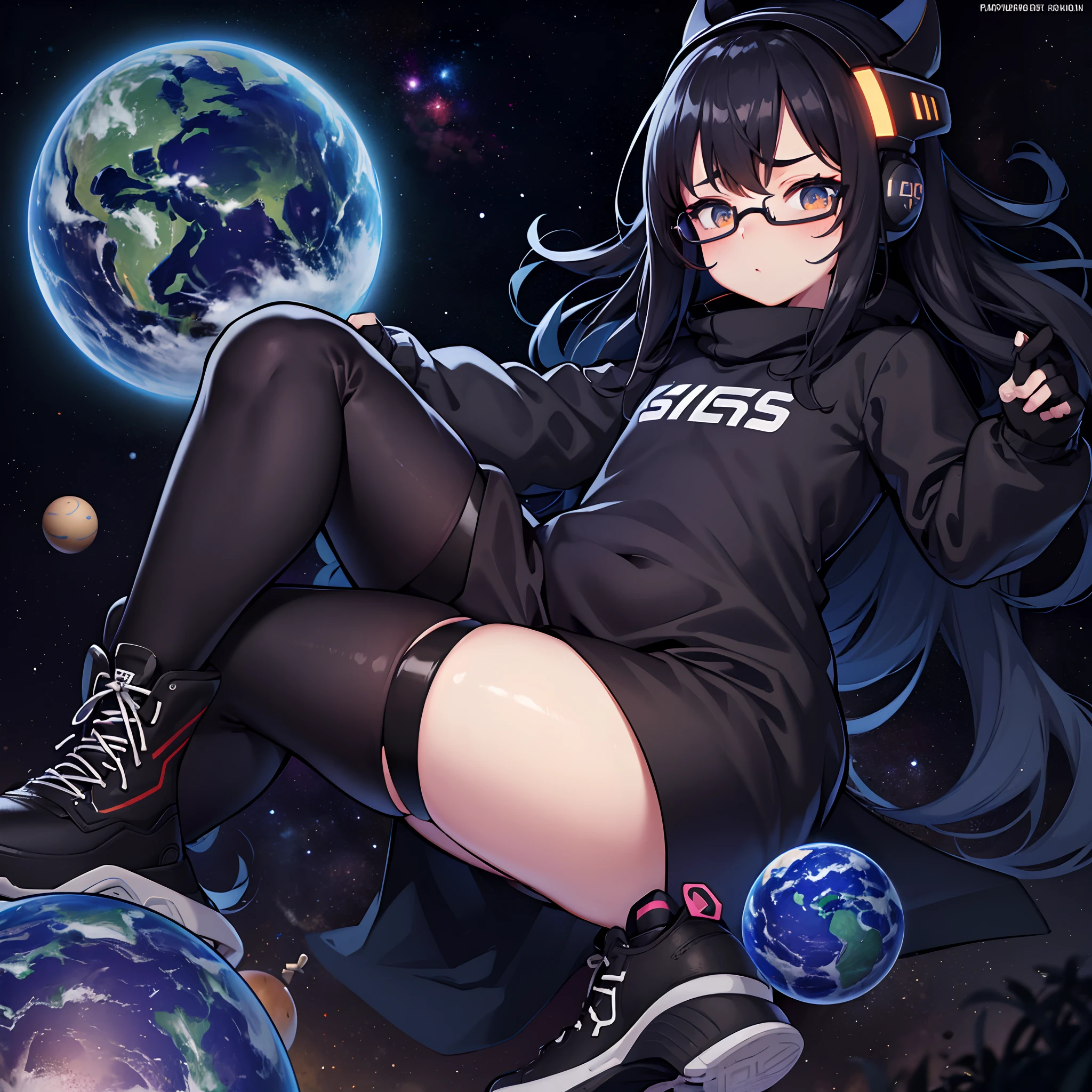 Anime girl with glasses and black cat ears sitting on a planet - SeaArt AI