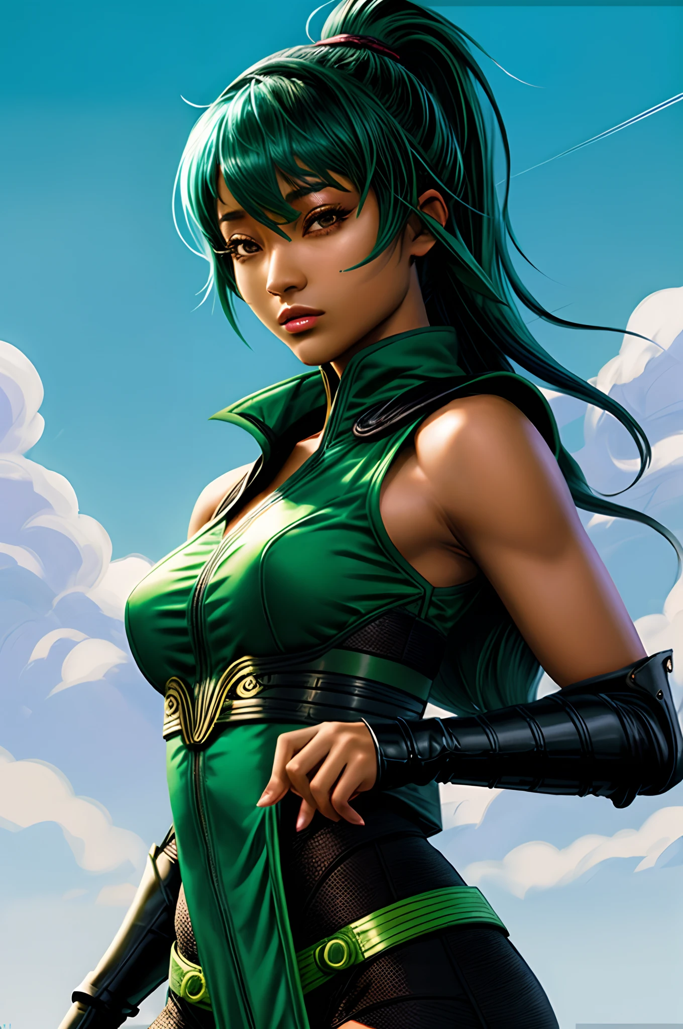 midshot, (cel-shading style:1.3), centered image, ultra detailed illustration of Jade from Mortal Kombat, green clothes, posing, (tetradic colors), inkpunk, (ink lines:1.1), strong outlines, art by MSchiffer, bold traces, unframed, high contrast, (cel-shaded:1.1), vector, 32k resolution, best quality, flat colors, flat lights (Tati Gabrielle) ninja mask