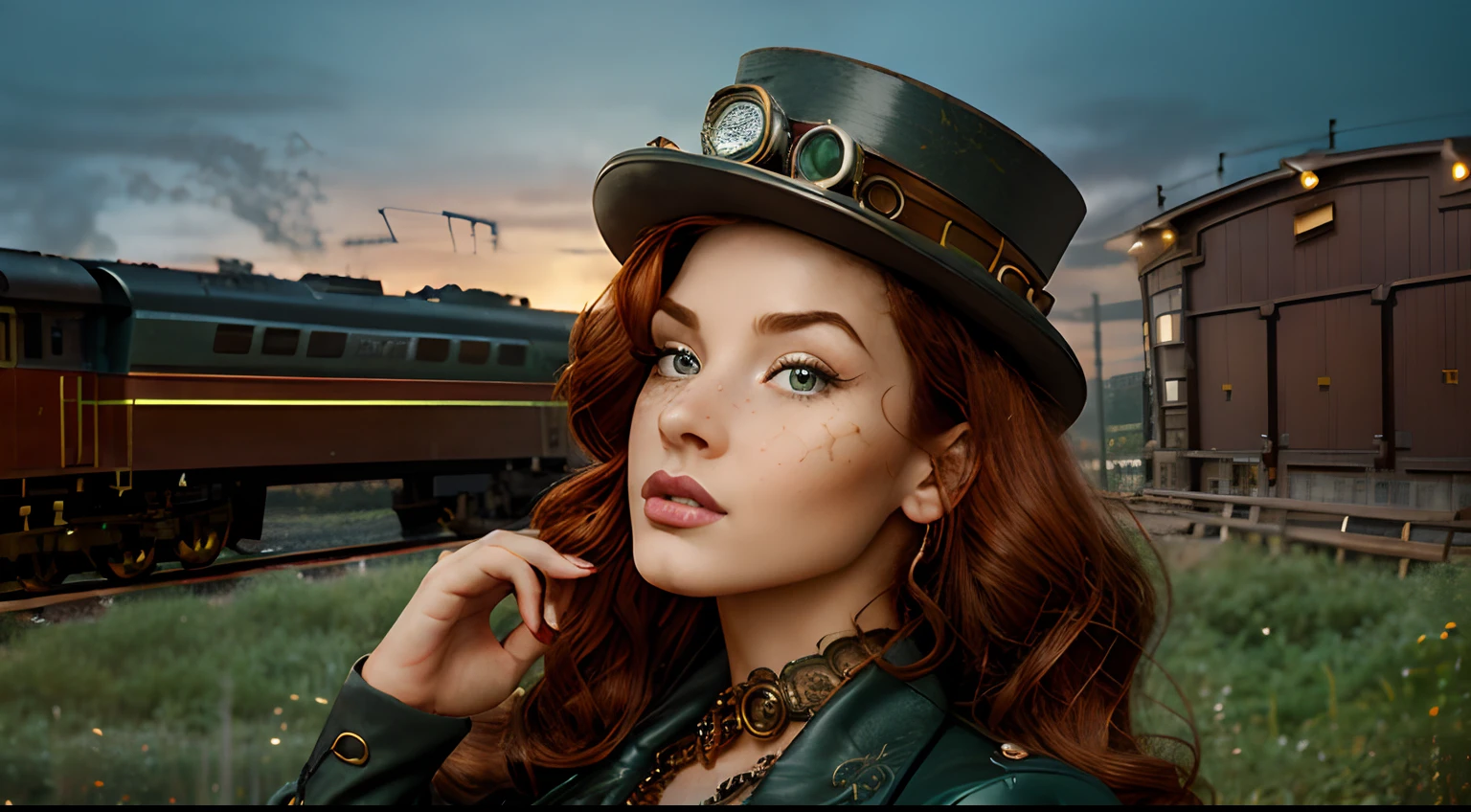 Masterpiece, (trains tracks at train station), bright starry sky, Romantic train, reflection, detailed scenery, enhanced details, official art, dynamic angle, (ultra wide shot), RAW, photorealistic, ultra detailed, aesthetically pleasing, High quality, masterpiece, best quality, full body, woman red hair, beautiful face, brown eyes, sexy pose, pinup art, wearing (steampunk medium length dark green dress) with leather boots and green top hat (1.6 intricate details, Masterpiece, best quality), thick hair, long hair, auburn red hair, fair skin intense ((brown)) eyes, in front of trains on the tracks in a (train yard), trains in the background, locomotive, train, golden engines, choo choo, trains, biomechanical railroad, glamorous and sexy, red hair, beautiful face, brown eyes, sexy pose, pinup art, pin - up, pin-up, pin up, pinup, pin - up girl, pin up girl, pinup girl,  (perfect eyes), ((beautiful eyes), detailed eyes, (perfect face), detailed face, perfect expression, (((detailed and realistic scenery))), (perfect hands), (perfect fingers), perfect female anatomy, detailed body, perfect body, proportional body, Cinematic Lighting, Backlight, Symmetry,