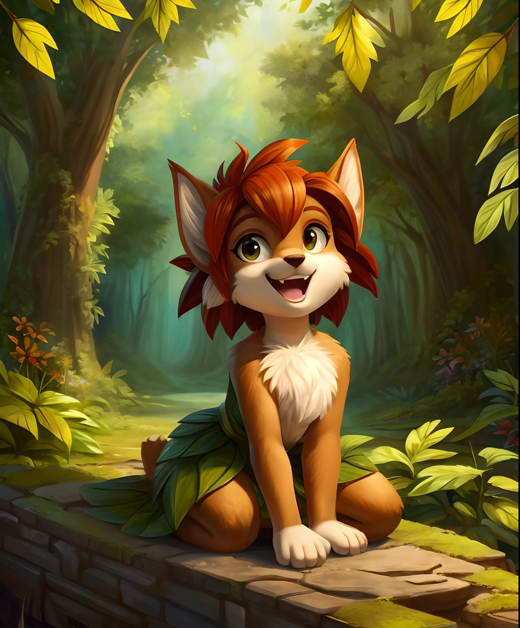 elora furry, detailed and extremely fluffy body fur, fluff, masterpiece, looking up beautiful surroundings, detailed background, happy, leaf-dress,