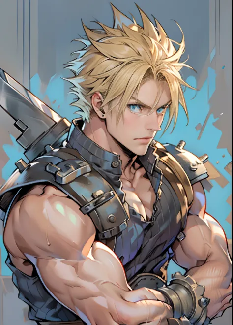hungry clicker,  sketch, cloud strife, 1boy, armor, blonde hair, blue eyes, closed mouth, earrings, fusion swords, high collar, ...