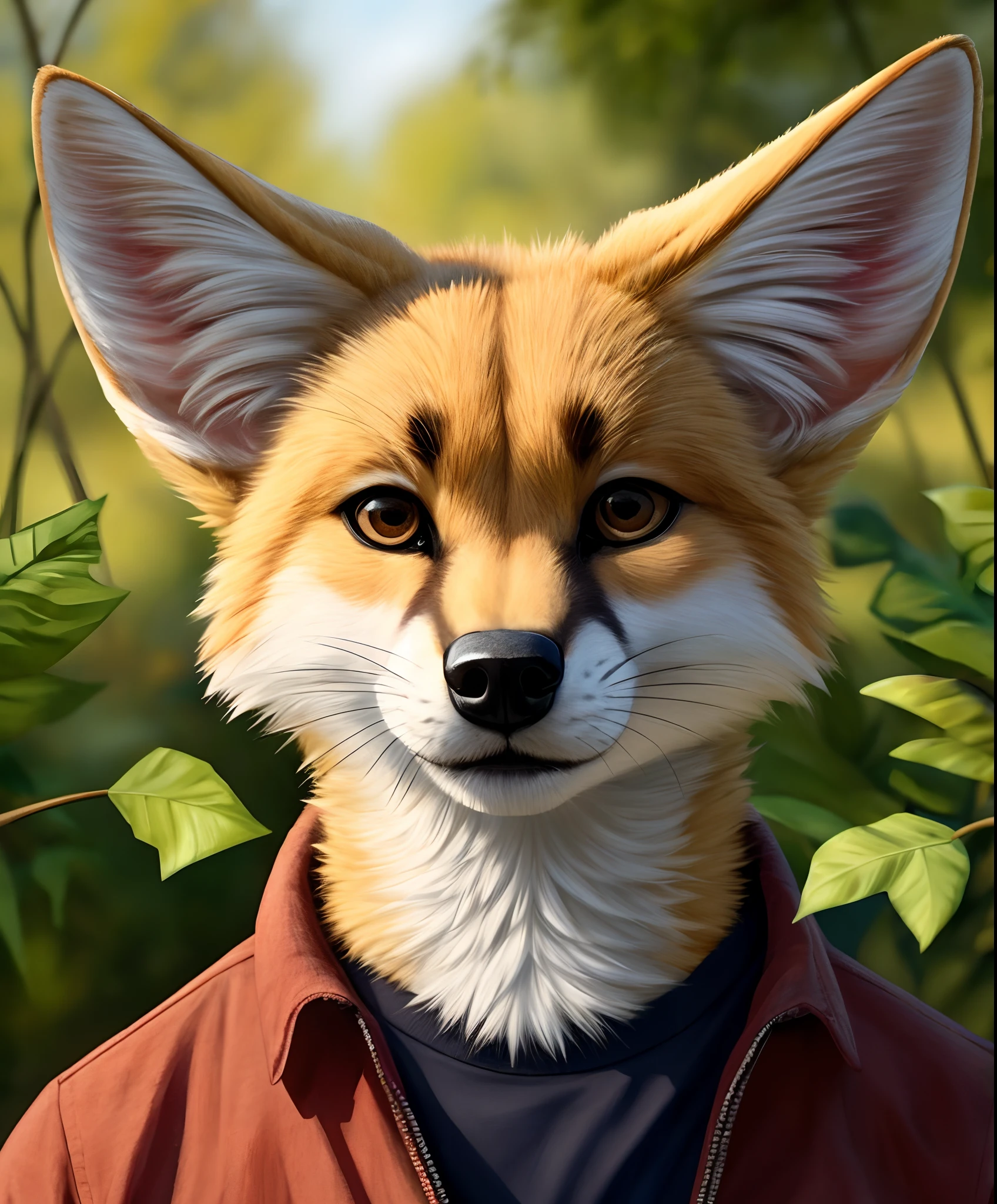 real e621, , mammal, canid, fur, canine, solo, white body, fennec fox, whiskers, white fur, plant, leaf, clothing, anthro, tuft, ambiguous gender, hi res, detailed background, clothed, inner ear fluff, black nose, topwear, portrait, looking at viewer, nature, bust portrait, fluffy, fox, outside, front view, shirt, brown eyes, multicolored body
