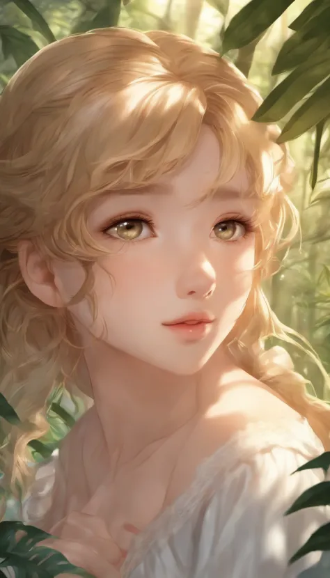 A pretty young girl, in dreaming, in magical jungle, clean and detailed anime face, High resolution anime eyes, five fingers, textile shading, perfect human structure, perfect anatomy