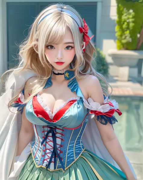 1girl, cute,, 18 years old, large breasts, narrow waist,wide hip,bob hair, bright eyes white fine skin,small mouth,slender, sexy pose sexy costume, ((silk blue corset, red white slashed puffer shoulder sleeves, silk yellow pleated skater silk skirt, white ...