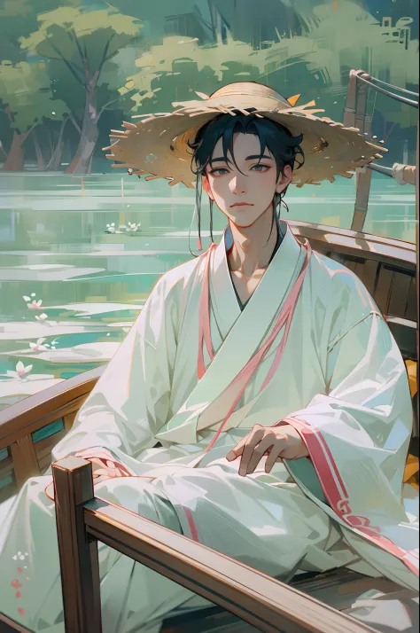 arafed man in a straw hat sitting on a boat, cai xukun, hanfu, chinese style, white hanfu, inspired by Bian Shoumin, inspired by Liu Jun, with acient chinese clothes, inspired by Huang Gongwang, inspired by Gu An, inspired by Chen Daofu, inspired by Xiao Y...