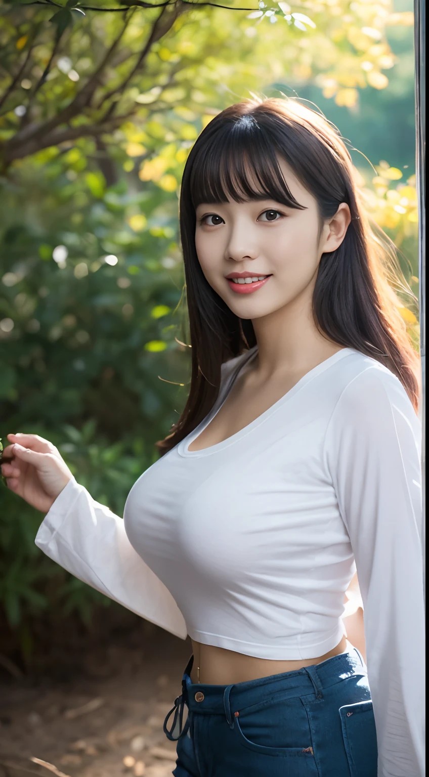 (top-quality、超A high resolution、​masterpiece:1.3)、Tall and beautiful woman、longeyelashes, Medium hair with bangs, longeyelashes, Parted lips, surrealism, drop shadow, anaglyph, Verism, depth of fields, Backlighting, Expose F/1.2, Super Detail, ccurate, Best Quality, Stand and look down, high-angle shot:1.1, masutepiece, Detailed moisturized eyes, Textured skin, wetted skin, Best Quality, in 8K, blurry backround, ((big breasts thin waist, skinny thigh:1.1, long legged)), (Colossal tits), Natural Color Lip, ssmile, Young woman in perfect style t-shirt, riverside, long Sleeve T-Shirt, Hiking shoes, 2-person tent