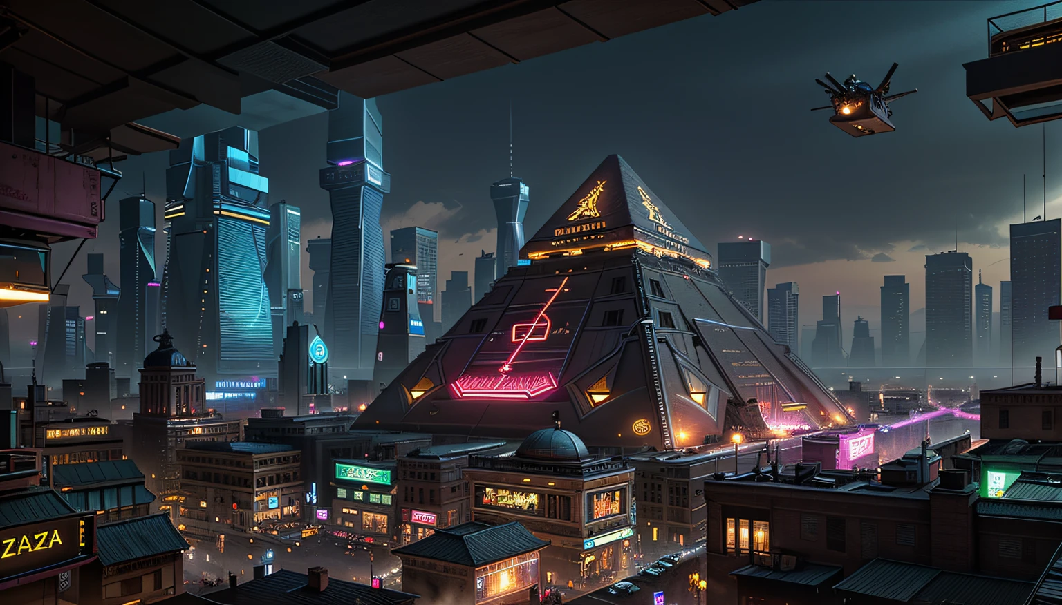 Pirâmide de Gizé, pirâmide antiga, cercada por uma cidade cyberpunk, futurista, luzes de neon, distópico, paisagem urbana de alta tecnologia, veículos voadores, cores vibrantes, cidade noturna